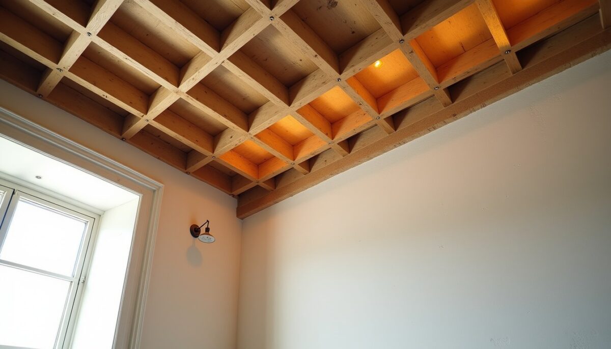 Réinventer un plafond ancien : intégrer un faux plafond en lattis de plâtre et bois